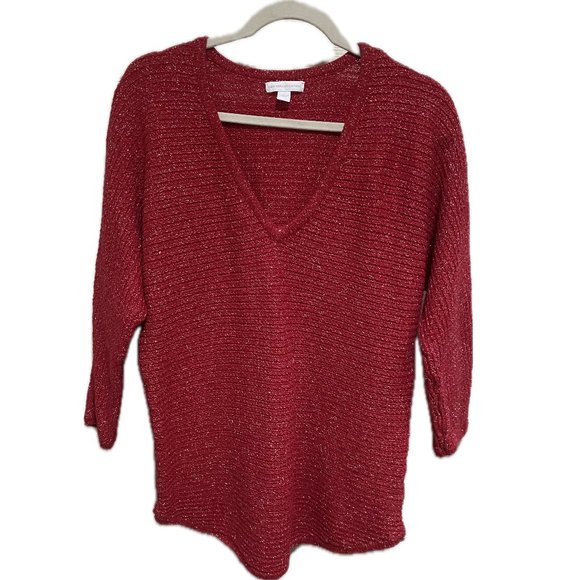 New York & Company Sparkly Red V-Neck Sweater (Large) - Picture 1 of 5